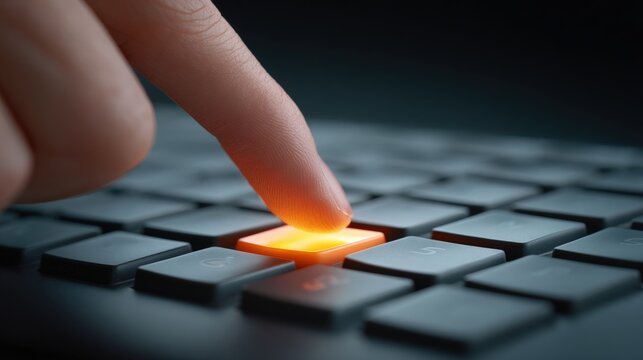 Cloud based access control, A close-up of a finger pressing a glowing key on a sleek keyboard, illustrating the interaction between technology and human touch.