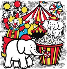 Playful bold cartoon circus doodle, juggling clown, circus elephant on ball, candy popcorn bucket, carnival tent, thick outline line art vector
