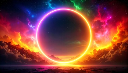 Vibrant cosmic landscape featuring a glowing circular portal above a fiery, cloudy mountain range