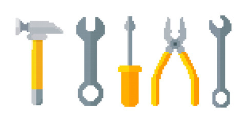 Obraz premium Pixel art of repair tools. Pixelated toolkit equipment.