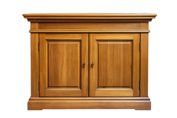 Antique oak wood cabinet with double doors, isolated on transparent background