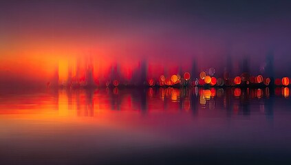 Naklejka premium Blurry city skyline at sunset reflected in water