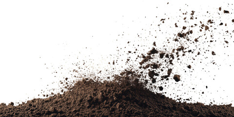 Pile of dirt exploding and flying, isolated on transparent background