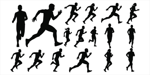 Diverse Silhouettes of Men and Women Running in Various Poses runner athlete