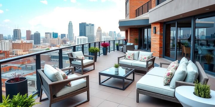 Modern outdoor patio furniture set on a building's rooftop terrace with city views,  rooftop,  stylish