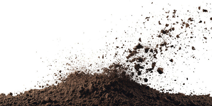 Pile of dirt exploding and flying, isolated on transparent background