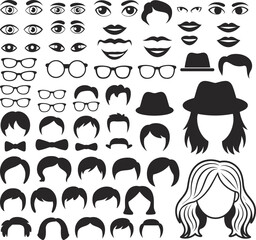 Black and white facial feature icons set including eyes, mouths, hairstyles, accessories, mustache, hats, ties, bow ties, eyeglasses