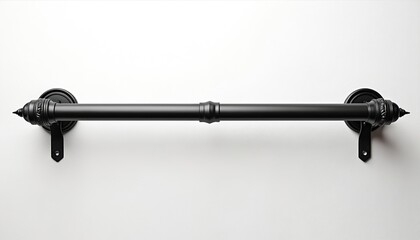 Matte black metal curtain rod with decorative finials, wall brackets. Hardware piece offers classic yet modern style, suitable for various interior designs like industrial minimalist home decor.