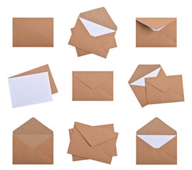 Set of brown envelopes isolated on white background
