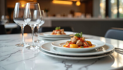 Elegant fine dining table setting features gourmet meal with wine glasses on marble surface. Setup perfect for luxury restaurants, food blogs, culinary art. Ambience warm, modern, inviting. Bright