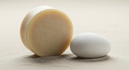 Minimalist studio shot of two smooth oval objects side by side in a soft light with subtle reflections product with single prop