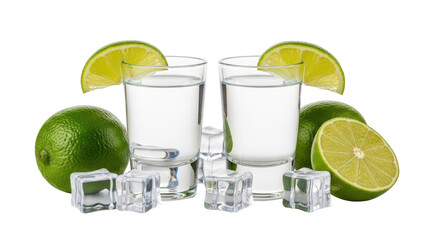Isolated Tequila Shots with Lime and Ice Cubes, Refreshing Drink