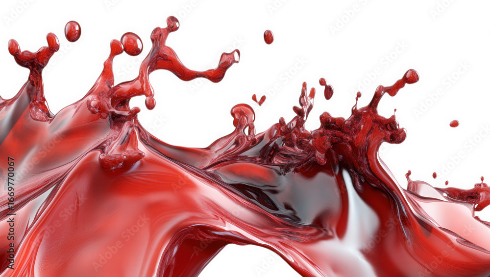 Poster red liquid splashing and creating abstract shapes isolated on transparent background
