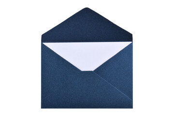 Opened dark blue paper envelope with paper sheet isolated on white background