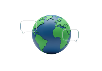 Isolated 3D Globe with Speech Bubbles Representing Global Communication, Dialogue, and International Relations on White Background