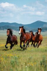 Group of brown horses galloping across green spring meadow, symbol of new 2026 year, under clear blue sky with motion blur and bright sunlight
