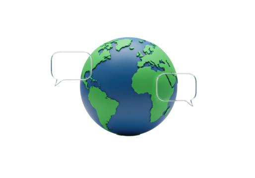 Isolated 3D Globe with Speech Bubbles Representing Global Communication, Dialogue, and International Relations on White Background
