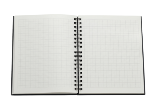 Isolated black spiral notebook with squared paper for technical drawings design mockup.