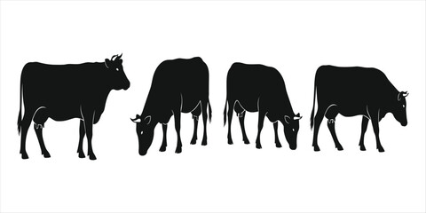 Four black silhouettes of cows grazing and standing on a white background cattle animal