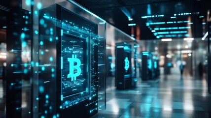 Fototapeta premium Exploring the high-tech environment of a cryptocurrency mining facility showcasing Bitcoin technology