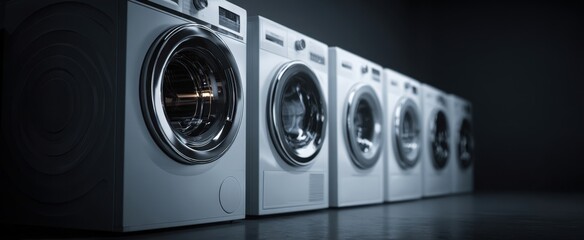 The Washing Machines Lined Up in a Dimly Lit Modern Laundromat Interior