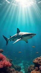 Powerful swims in deep blue ocean water near coral reef. Sun rays penetrate surface, illuminating marine life. Small fish scatter around majestic predator, underwater ecosystem, wild nature.