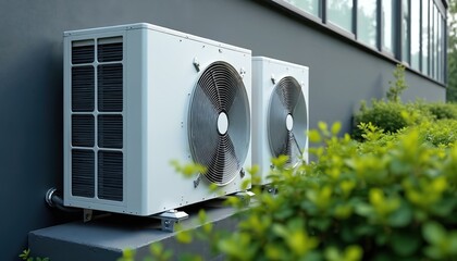 Two white HVAC units sit outside modern building facade next to green plants. Outdoor air conditioning compressors provide climate control for residential commercial spaces. Efficient home cooling,