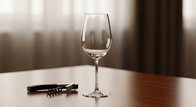 Elegant empty wine glass and corkscrew on table ready for wine tasting experience minimalist product with single prop