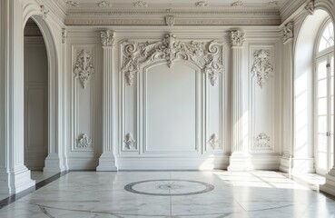 Fototapeta premium Elegant white interior featuring intricate plaster carvings on walls, classic marble flooring. Vintage-style room with ornate architectural details, natural light perfect for wedding photography,