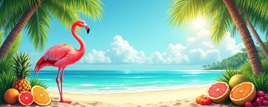 Vibrant summer beach scene featuring pink flamingo surrounded by tropical fruits like pineapple, oranges, grapefruits. Palm trees, clear blue ocean with fluffy clouds create paradise holiday
