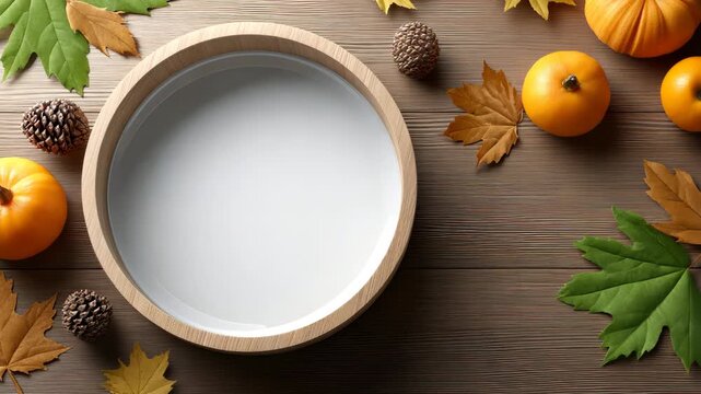 Seasonal autumn arrangement with pumpkins, leaves, and an empty circular dish on a wooden surface