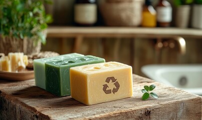 Eco-friendly soap or detergent with a prominent recycling symbol, indicating commitment to sustainability with biodegradable and recyclable packaging, Generative AI