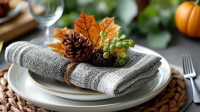 Holiday table setting displaying rustic decor with autumn leaves, pine cones, and elegant dinnerware