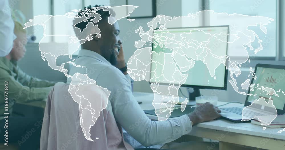 Poster man answering smartphone clicking mouse analyzing finance chart with transparent world map overlay