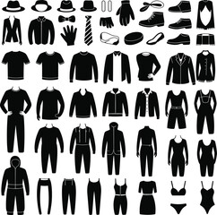 Clothing silhouette icons, fashion items vector, black apparel shapes, accessories set, outfit design elements, wardrobe symbols, isolated garments collection