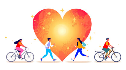 World Heart Day – People Cycling and Running Around a Heart Symbol