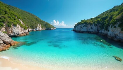 Obraz premium Crystal-clear turquoise cove between verdant cliffs. Tranquil bay with calm sea, white sand beach. Mediterranean summer vacation destination offers serene escape for relaxation, swimming, sun tanning.