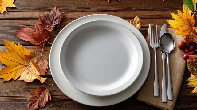 Autumn table setting with elegant dinnerware and seasonal leaves for a festive gathering or special occasion