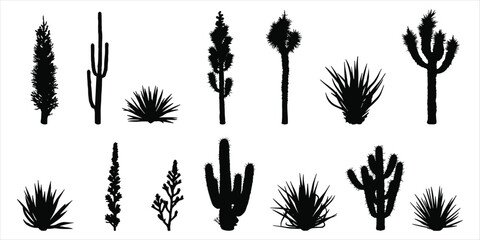 Silhouette collection of desert plants including cacti and succulents on white background cactus © MdAbdur