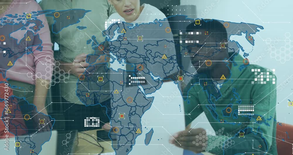 Aufkleber business team discussing sheet activating global map overlay with network lines and analyzing data
