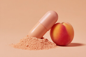 Conceptual Image: A large peach-colored pill, next to a fresh peach and a small pile of powder on a matching monochromatic background.