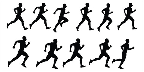 Silhouette Male Runners in Motion Sequence on White Background Keywords: running, runner, man, male