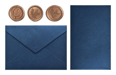 Set of dark blue envelopes and wax seal stamps isolated on white background