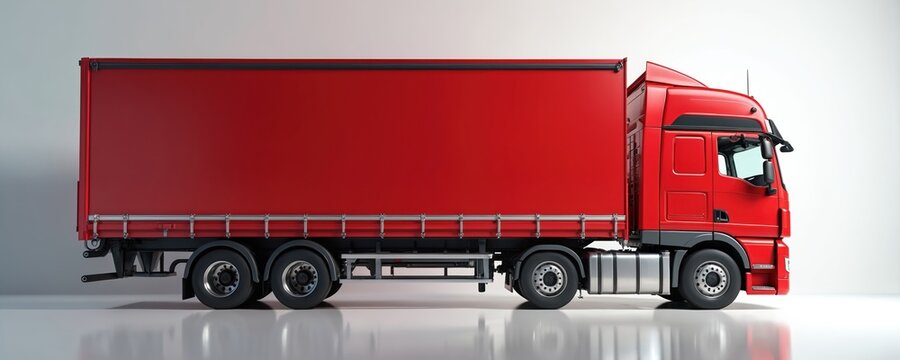 Side view of large red delivery truck with ample cargo space, isolated on clean white background. Vehicle represents efficient logistics, global shipping, industrial transport services. Clean design