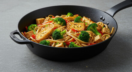 Delicious Tofu and Broccoli Noodles in a Black Pan.