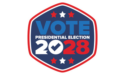 Vote 2028. Presidential Election 2028 in United States. Vote day, November 7. US Election. Patriotic american element. Poster, card, banner and background. Vector illustration