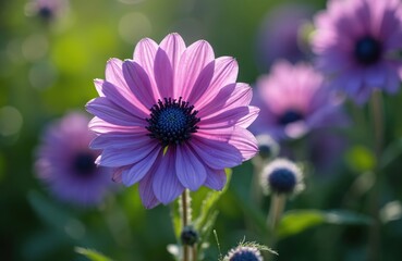 Fototapeta premium Lush garden scene with blooming purple flowers in soft sunlight. Delicate petals and vibrant colors create a serene atmosphere. Macro detail shows natural growth and freshness.