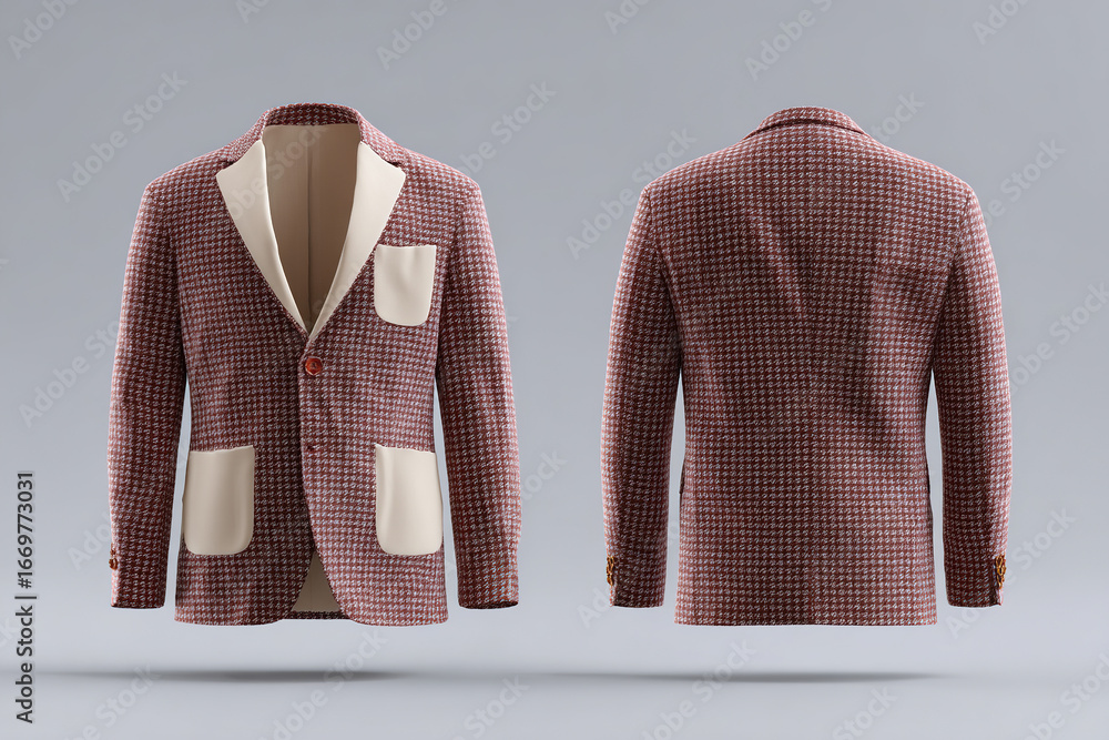 Poster elegant front and back views of a stylish blazer. houndstooth fabric with contrasting lapels and poc