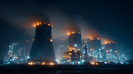 Large nuclear complex at night with cooling towers ad industrial structures iluminated