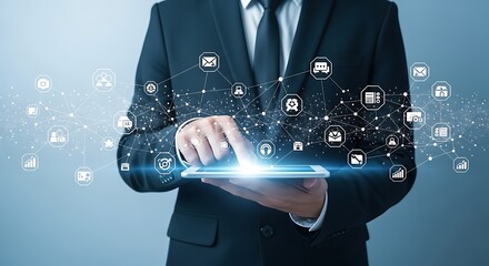 A businessperson interacts with a digital tablet displaying a network of interconnected business icons, showcasing a concept of integrated business solutions.